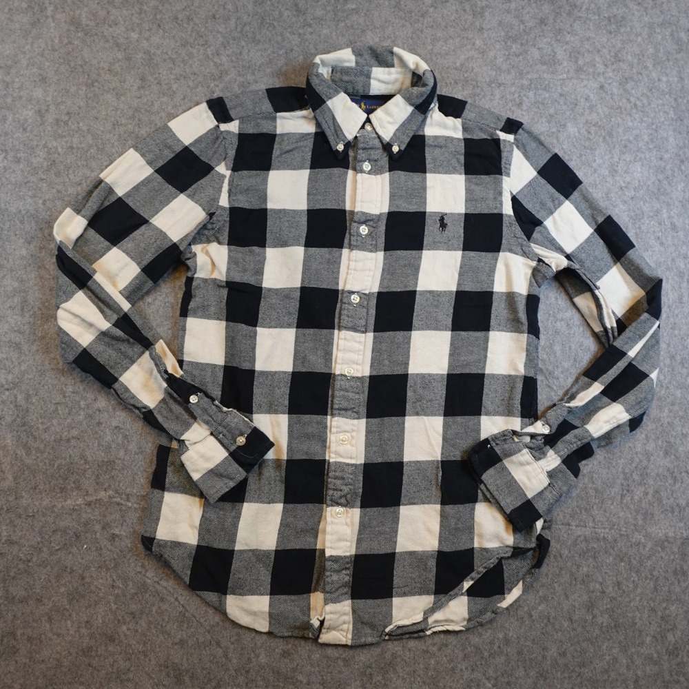 Ralph Lauren Top Women Medium Blue White Buffalo Plaid Classic Fit Flannel - Picture 1 of 10
